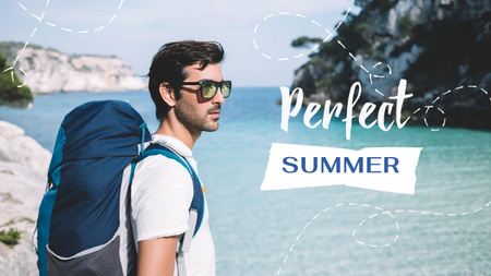Summer Travelling Inspiration with Man with Backpack in Nature Youtube Thumbnail Design Template
