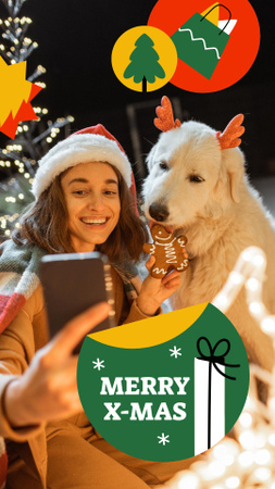 Cute Girl with Dog near Christmas Tree Instagram Video Story Šablona návrhu