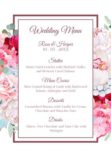 Wedding Food List with Roses Menu Modelo de Design