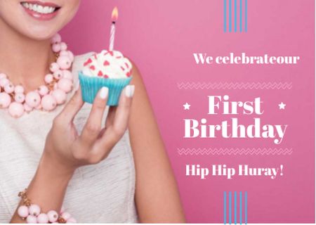 Designvorlage First birthday invitation card on pink für Card
