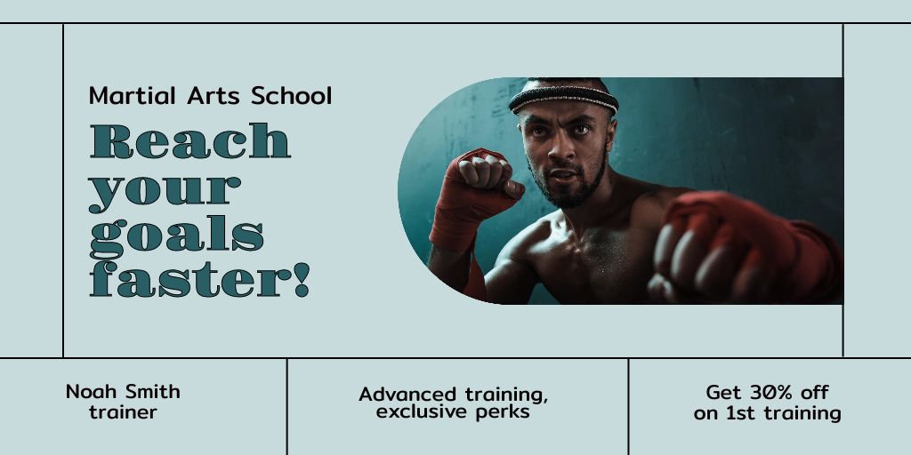 Martial Arts School Ad with Boxer Fighter Twitter Design Template