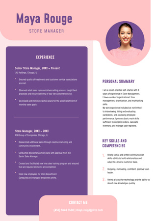 Store Manager Skills and Experience on Purple Resume Design Template