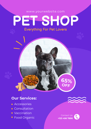 Plantilla de diseño de Anuncio de tienda de mascotas en púrpura brillante Poster 