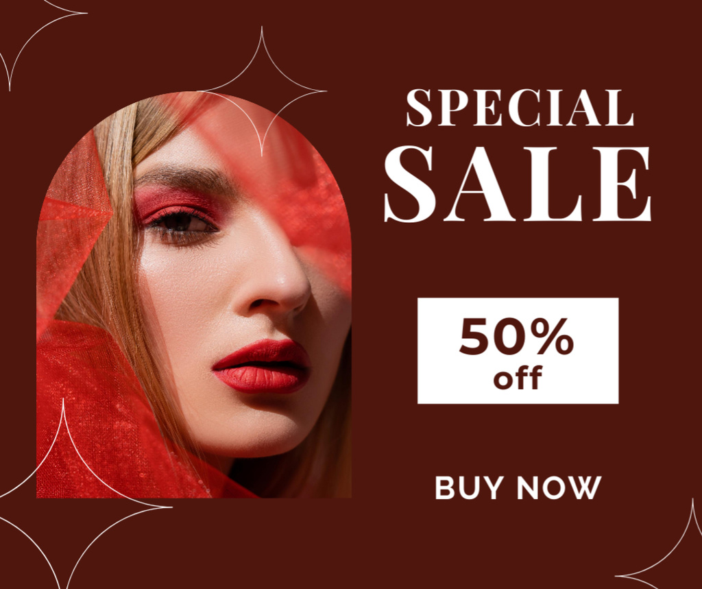 Plantilla de diseño de Special Sale Ad with Woman in Red Makeup Facebook 