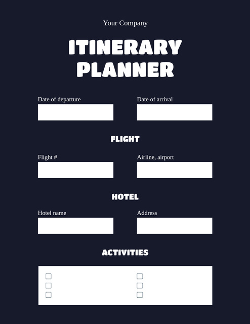 Itinerary Planner in Dark Blue Notepad 8.5x11in Design Template