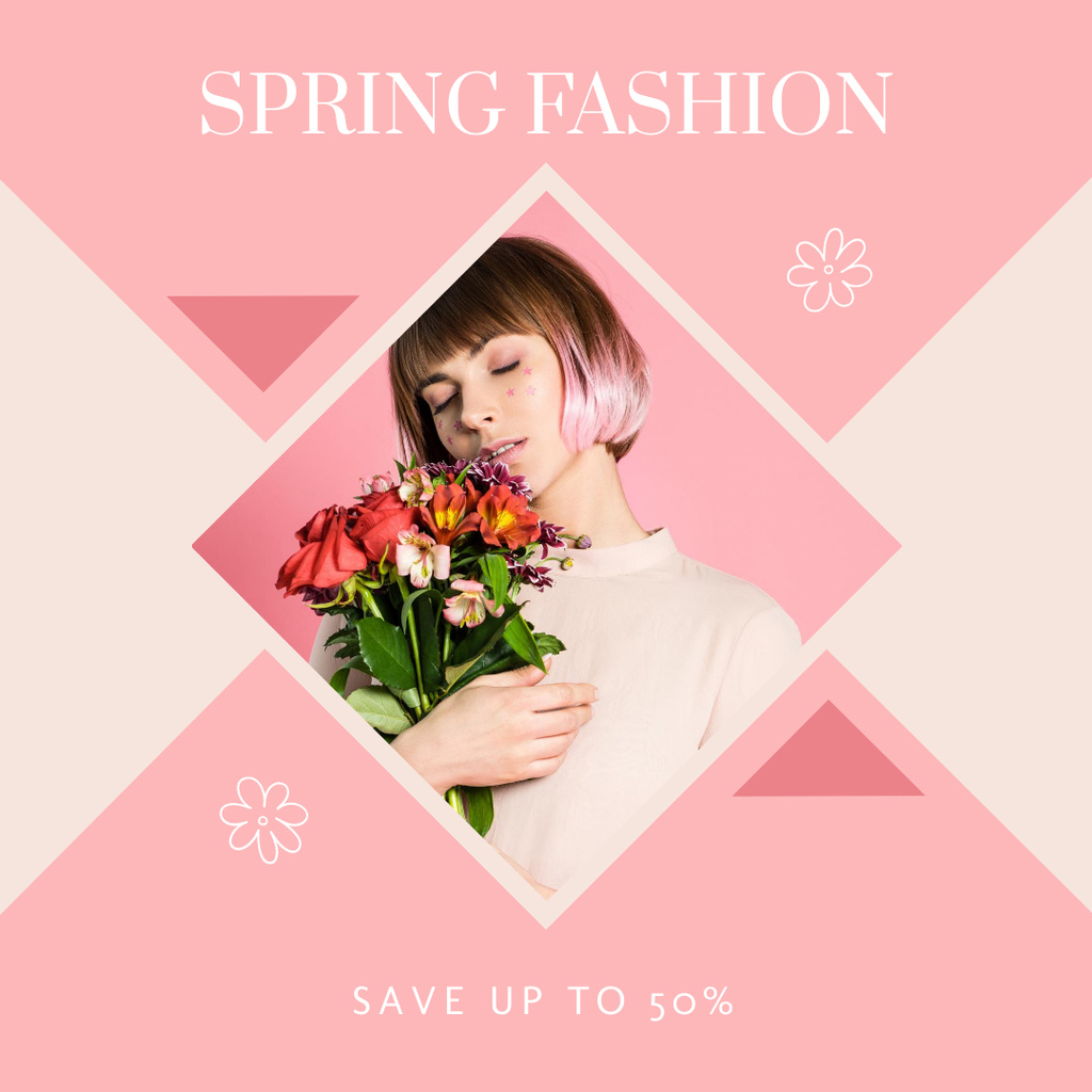 Fashion Sale Announcement with Woman with Bouquet of Flowers Instagram AD Πρότυπο σχεδίασης