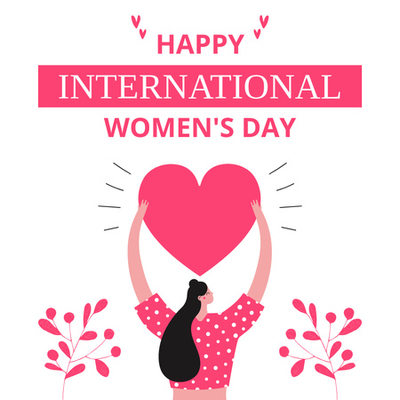 Pembe Kalp tutan Kadın ile Dünya Kadınlar Günü Tebrik Instagram Tasarım Şablonu