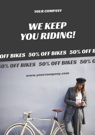 Young Woman in Gray Offers Bicycle Sale Poster 28x40in Design Template