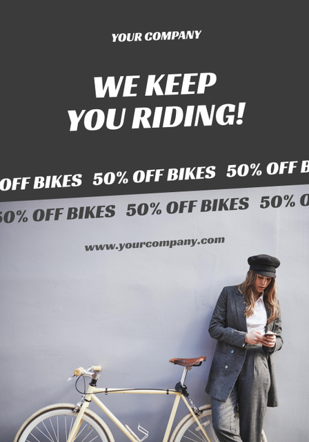Young Woman in Gray Offers Bicycle Sale Poster 28x40inデザインテンプレート