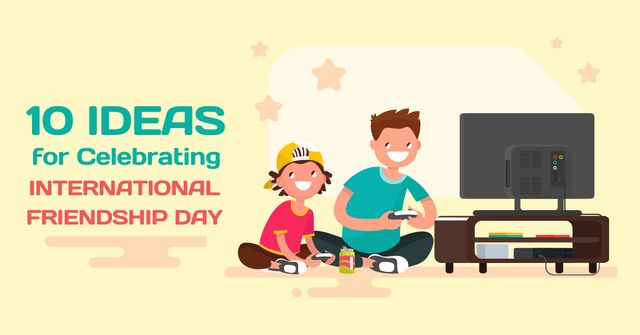 Friends celebrating Friendship Day and playing Video Game Facebook AD Design Template