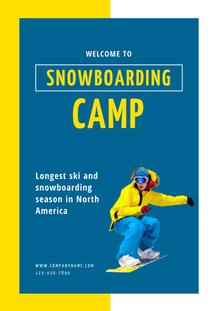 Platilla de diseño Snowboard Camp Invitation with Man in Apparel Poster 28x40in