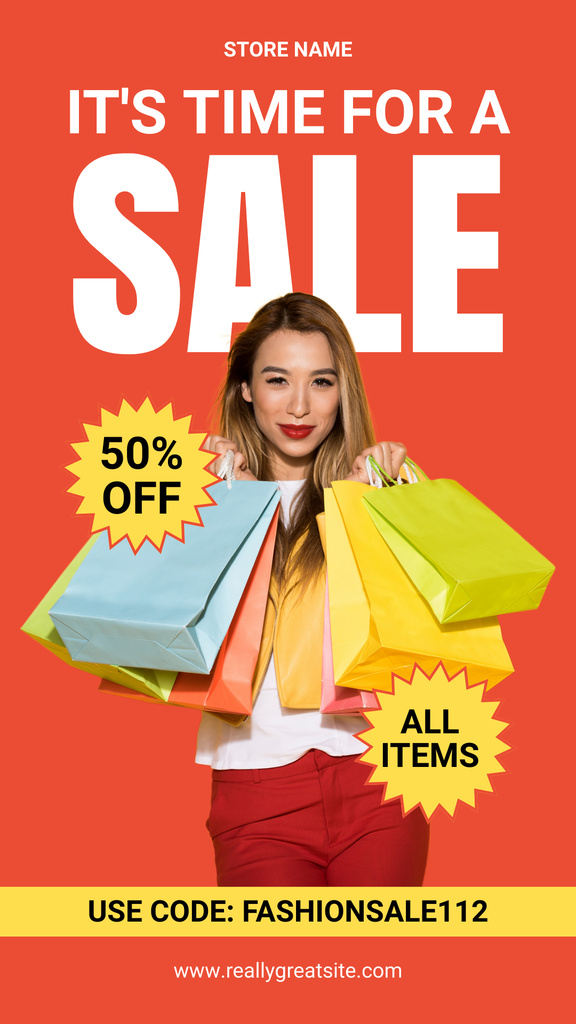 Sale Time Announcement with Young Woman Instagram Story Design Template