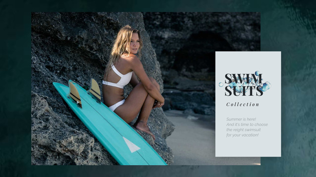 Plantilla de diseño de Swimwear Ad Woman in Bikini with Surfboard Full HD video 