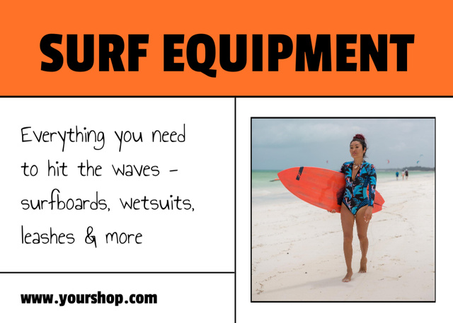 Ontwerpsjabloon van Postcard 5x7in van Surf Equipment Offer with Young Woman on Beach