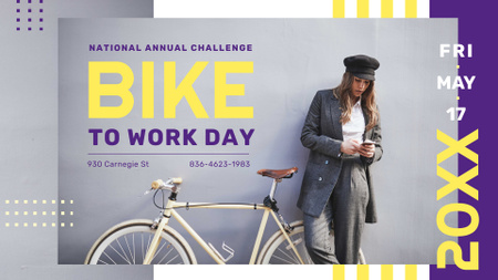 Plantilla de diseño de Bike to Work Day Challenge Girl con bicicleta en la ciudad FB event cover 