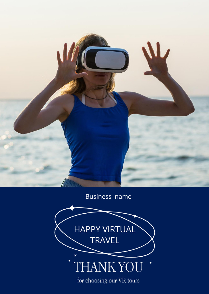 Plantilla de diseño de Woman Has Virtual Travel in VR Glasses Postcard A6 Vertical 