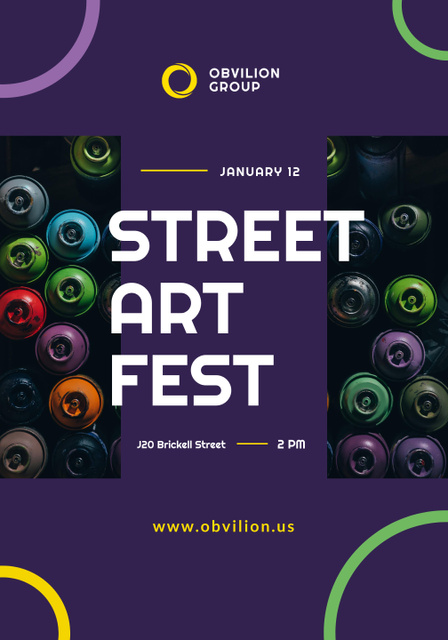 Street Art Fest Announcement with Spray Paint Cans In Purple Poster 28x40in Modelo de Design