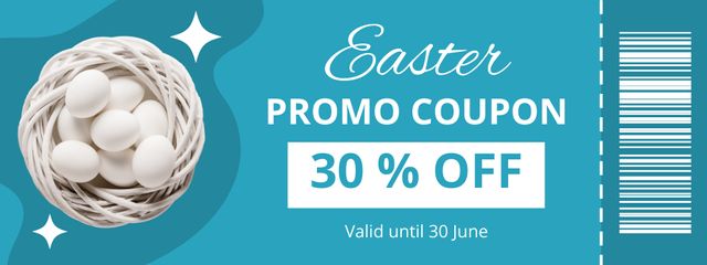 Easter Promotion with White Chicken Eggs in Wicker Basket Coupon Design Template