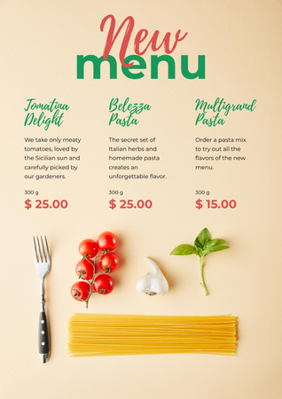 New Menu Announcement with Pasta Dish and Tomatoes Poster A3 tervezősablon