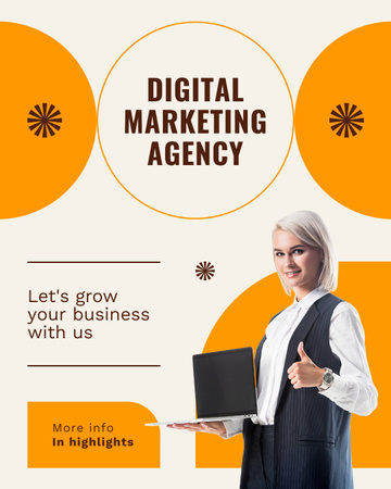 Plantilla de diseño de Oferta de servicio de agencia de marketing con rubia con computadora portátil Instagram Post Vertical 