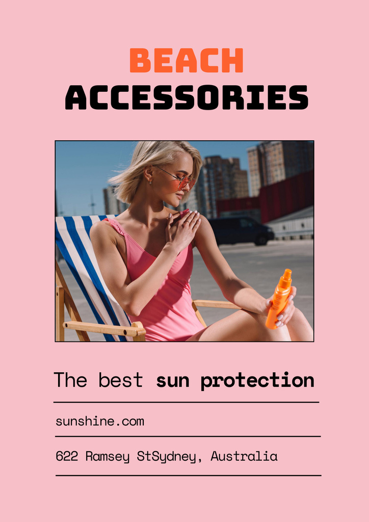 Designvorlage Reliable Beach Accessories Ad In Pink für Poster B2