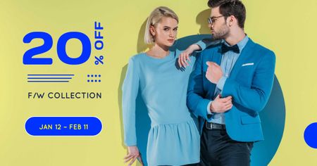 Fashion Collection Ad with Stylish Couple on Yellow Facebook AD Design Template