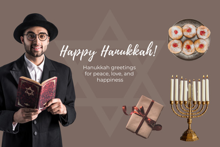 Happy Hanukkah Wishes with Man Reading Tanakh Mood Boardデザインテンプレート