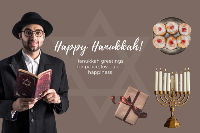 Happy Hanukkah Wishes with Man Reading Tanakh Mood Board Šablona návrhu