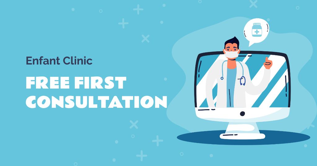 Clinic offer with Doctor and computer Facebook AD Tasarım Şablonu