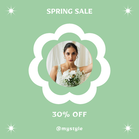 Modèle de visuel Offre de vente de printemps avec femme en blanc avec bouquet - Instagram