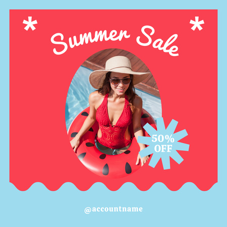 Summer Sale Ad with Woman in Swimsuit and Straw Hat Instagram Design Template
