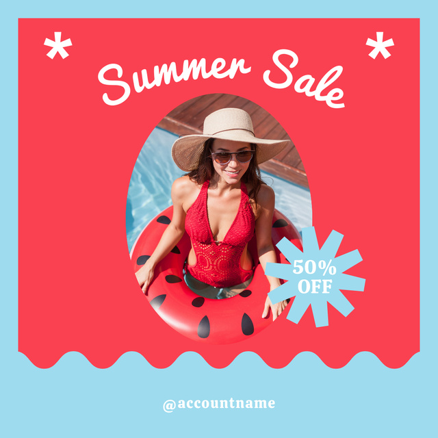Summer Sale Ad with Woman in Swimsuit and Straw Hat Instagramデザインテンプレート