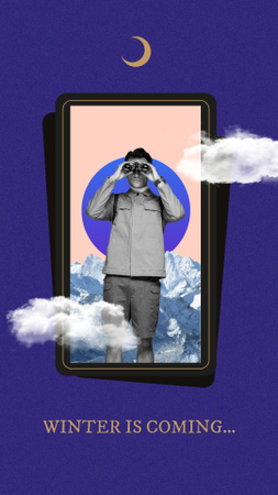 homem engraçado olhando através de binóculos em busca de inverno Instagram Story Modelo de Design