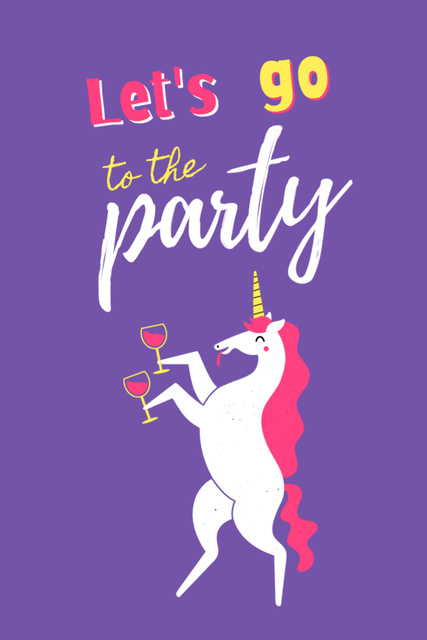 Party Announcement And Unicorn dancing With Wineglasses Postcard 4x6in Vertical Design Template