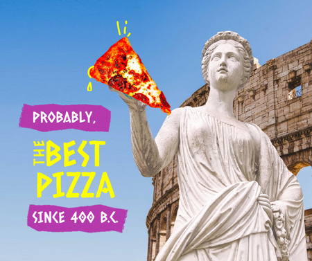 Funny Illustration of Antique Statue holding Pizza Facebook Design Template