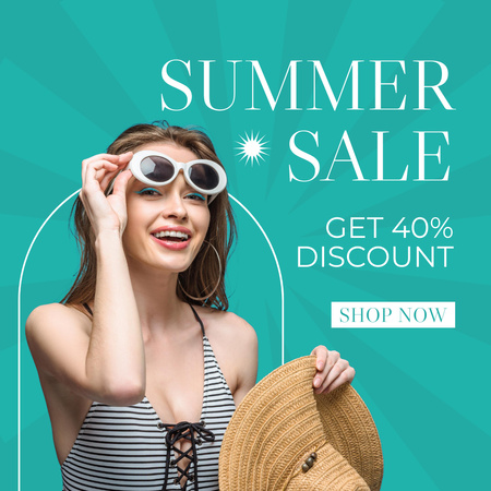 Summer Sunglasses Sale smiling woman Instagram Design Template