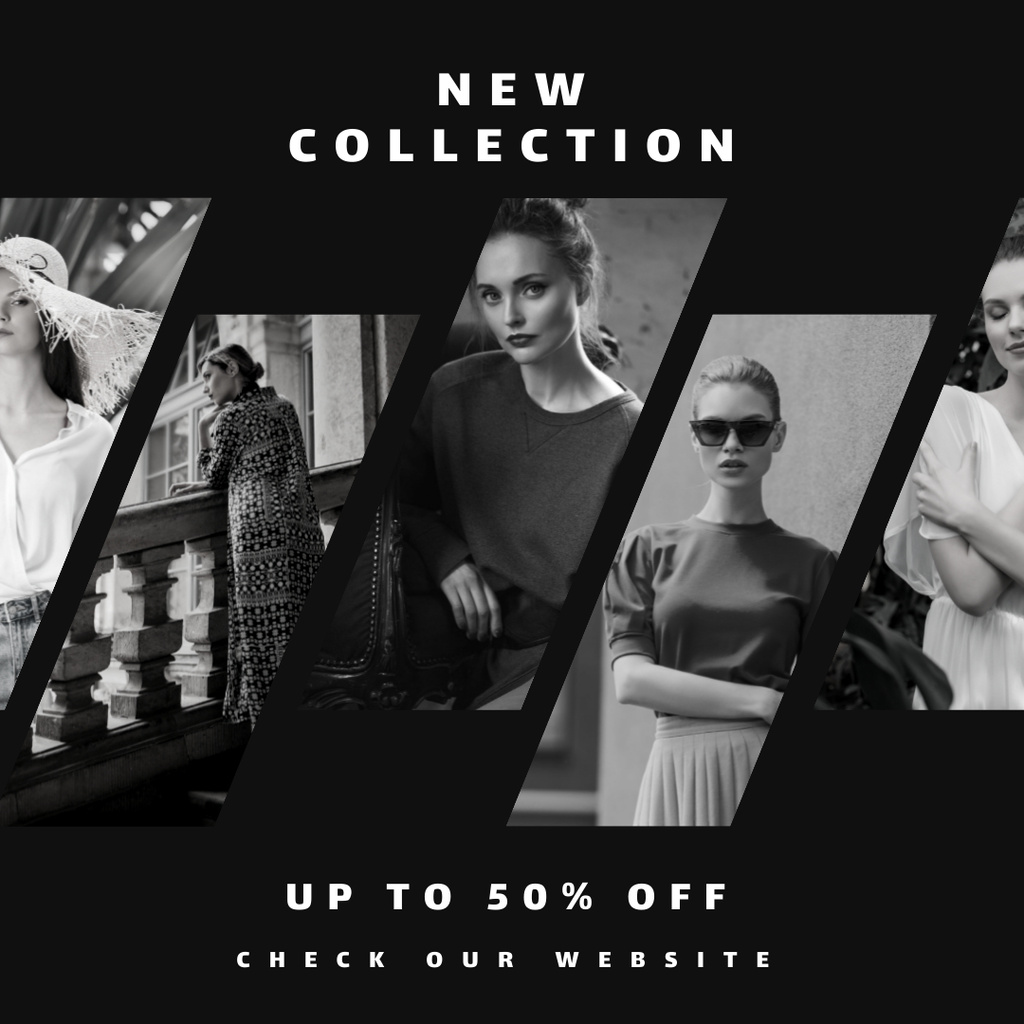 Template di design New Female Wear Collection on Black Background Instagram
