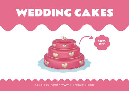 Рожевий весільний торт із золотими сердечками Card – шаблон для дизайну