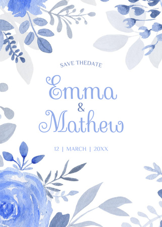 Wedding Announcement with Blue Watercolor Flowers Postcard 5x7in Vertical Design Template