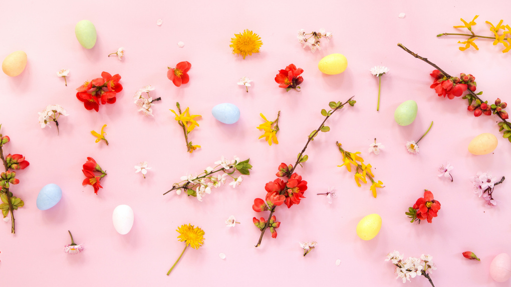 Spring Floral Decor and Easter Eggs on Pink Zoom Backgroundデザインテンプレート