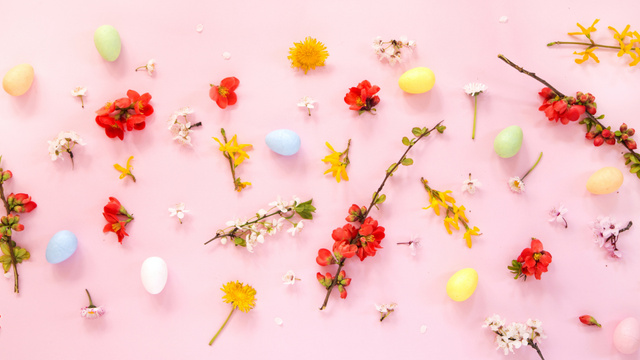Designvorlage Spring Floral Decor and Easter Eggs on Pink für Zoom Background