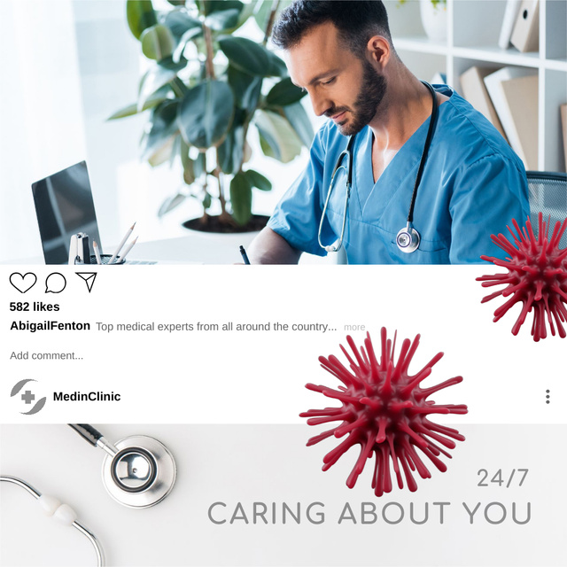 Designvorlage Clinic Services Offer with Doctor on Workplace für Animated Post