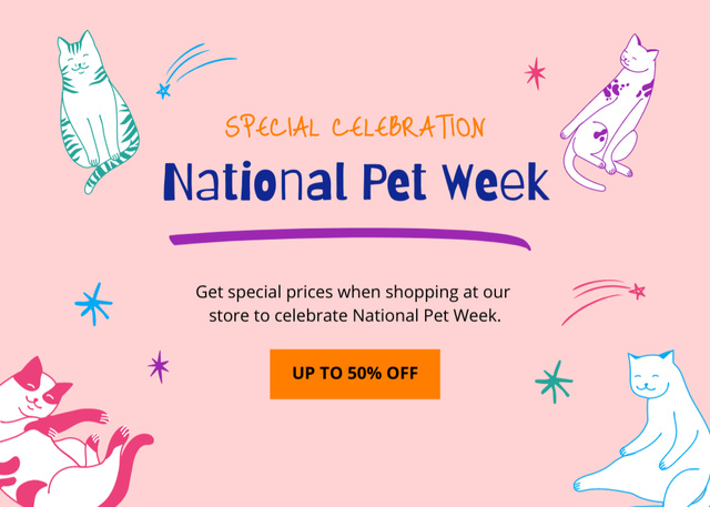 National Pet Week with Cats Postcard 5x7in – шаблон для дизайна