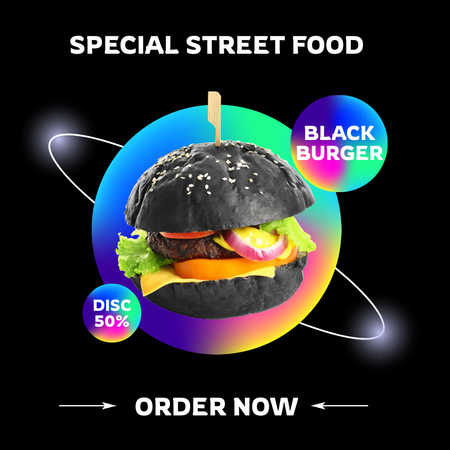 Street Food Ad with black tasty burger Instagram Design Template