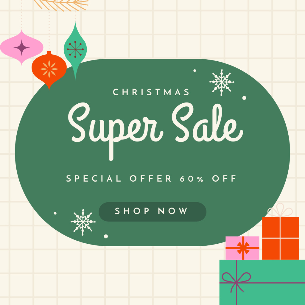 Christmas Sale Offer Colorful Presents and Baubles Instagram ADデザインテンプレート