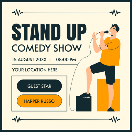 Mikrofonla performans sergileyen bir adamın yer aldığı Stand-up Komedi Gösterisi Promosyonu Instagram Tasarım Şablonu