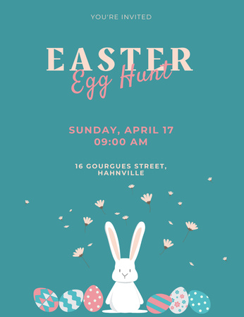 Plantilla de diseño de Anuncio de búsqueda de huevos de Pascua ilustrado con un simpático conejito Invitation 13.9x10.7cm 
