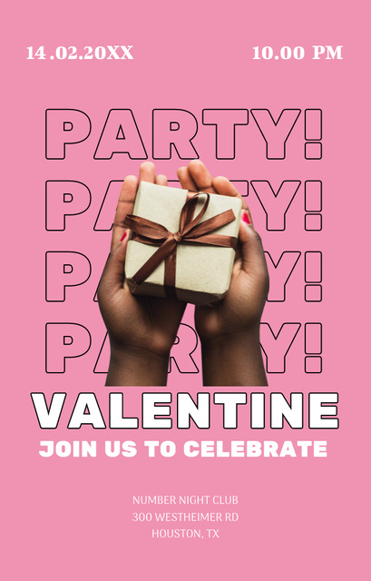 Designvorlage Valentine's Day Party Announcement with Gift on Pink für Invitation 4.6x7.2in
