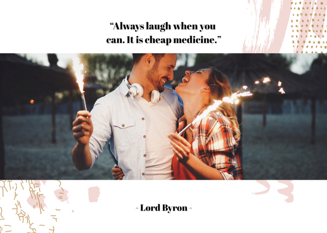 Plantilla de diseño de Happy Couple with Shiny Sparklers And Quote About Laugh Postcard 5x7in 