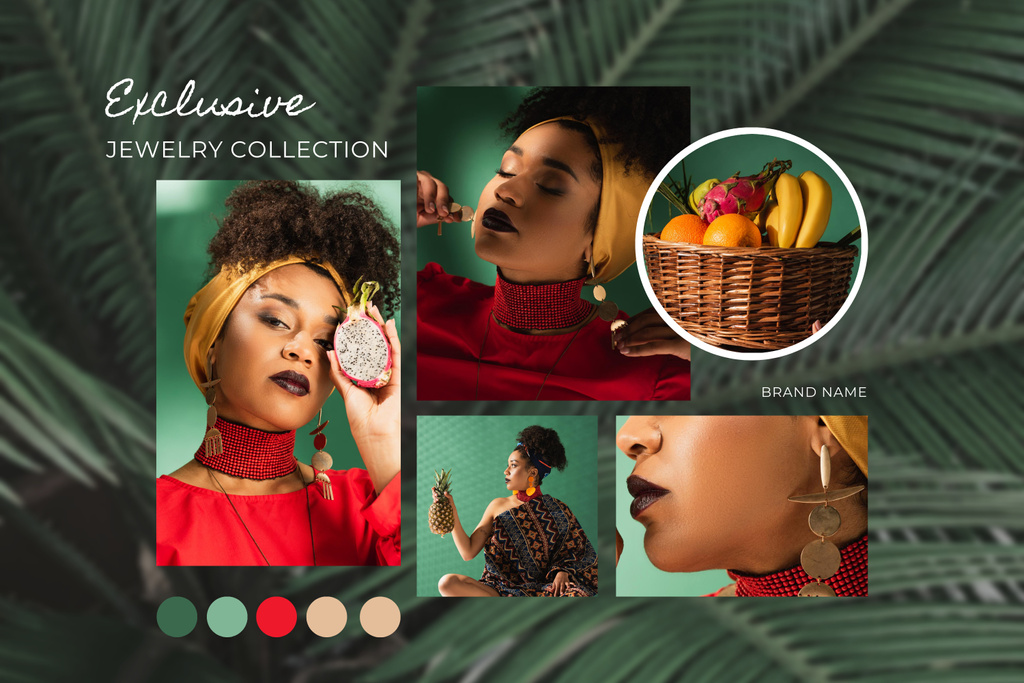 Stylish Woman in Trendy Jewelry and Palm Leaves Mood Boardデザインテンプレート